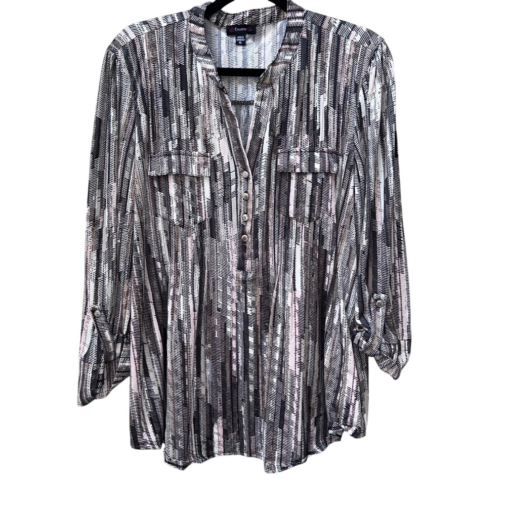 Cocomo Womens XL Abstract Geometric Print Button Tab Roll Sleeve Henley Blouse